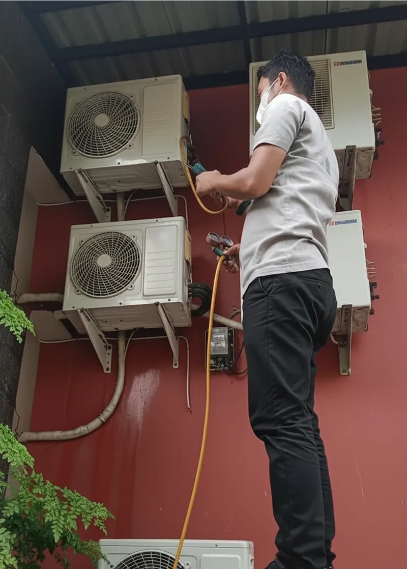Teknisi servis beberapa unit AC outdoor di dinding